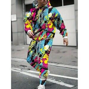Vibrant Graffiti Print Long Sleeve Hoodie & Sweatpants Set Mens 3XL with Pockets